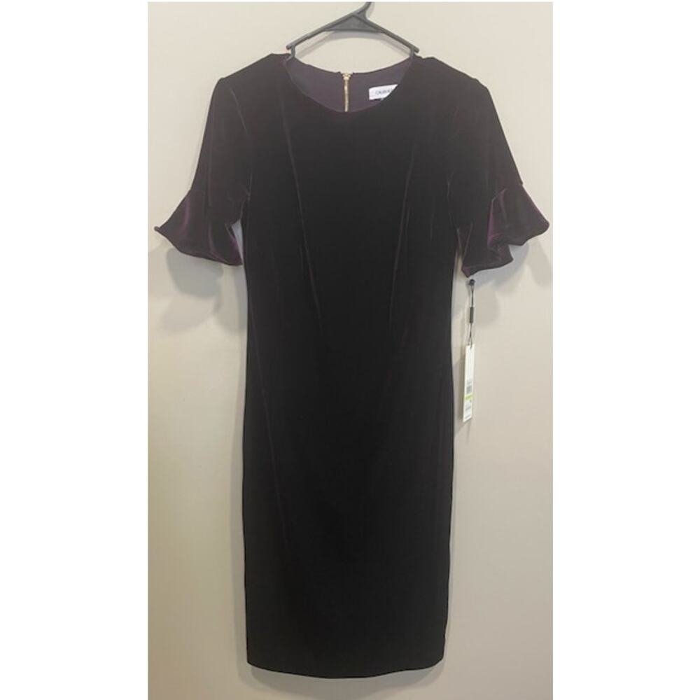 NWT Calvin Klein Velvet Mini Dress Eggplant Ruffle Sleeve Sz 4 Romantic